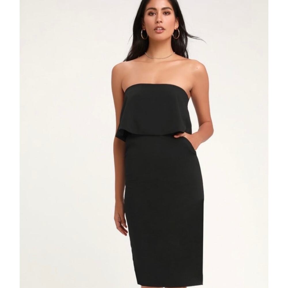 Lulu’s Lots of Love Strapless Black Midi Dress with Pockets NWT